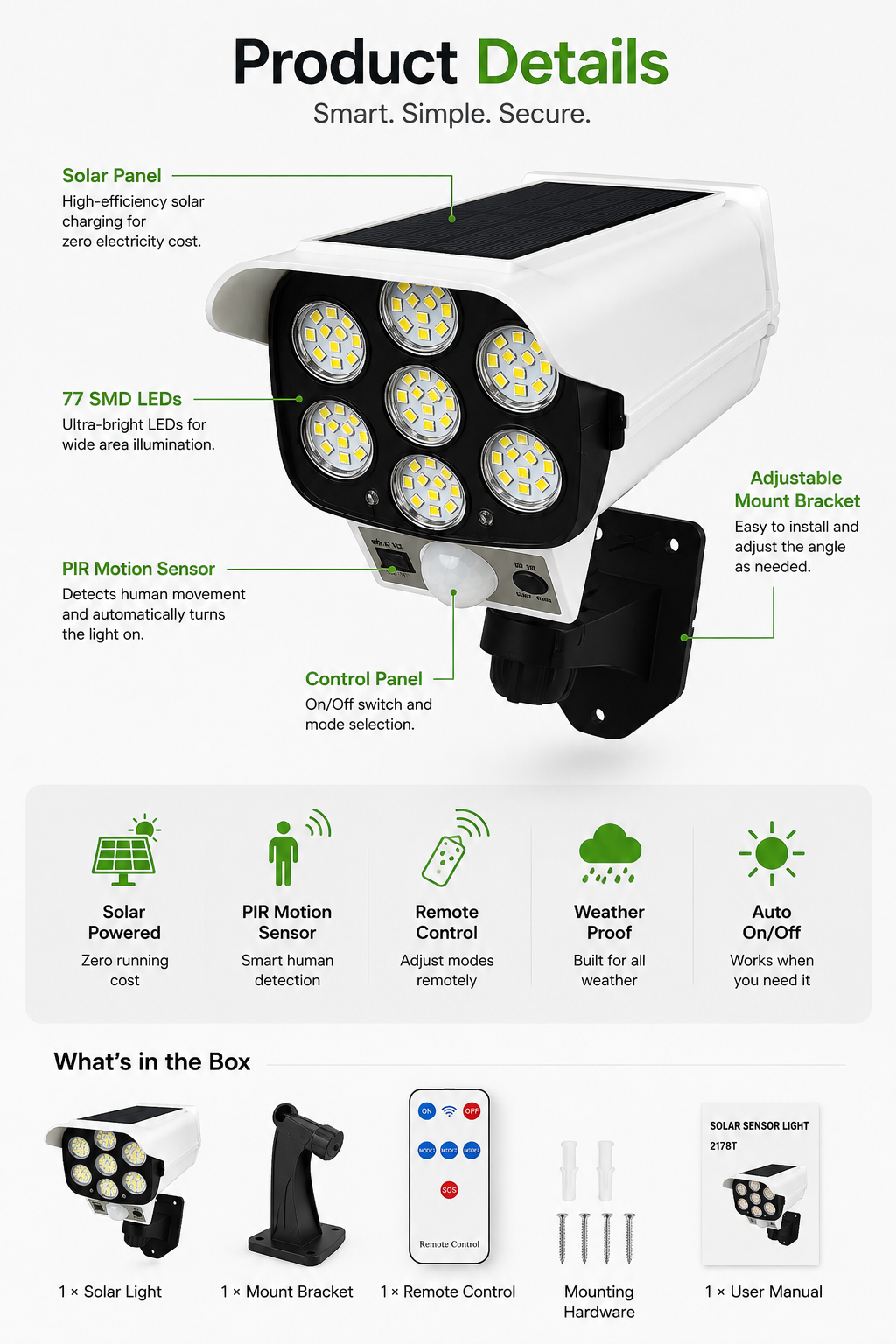 Solux 77 LED Solar Motion Sensor Floodlight with Remote