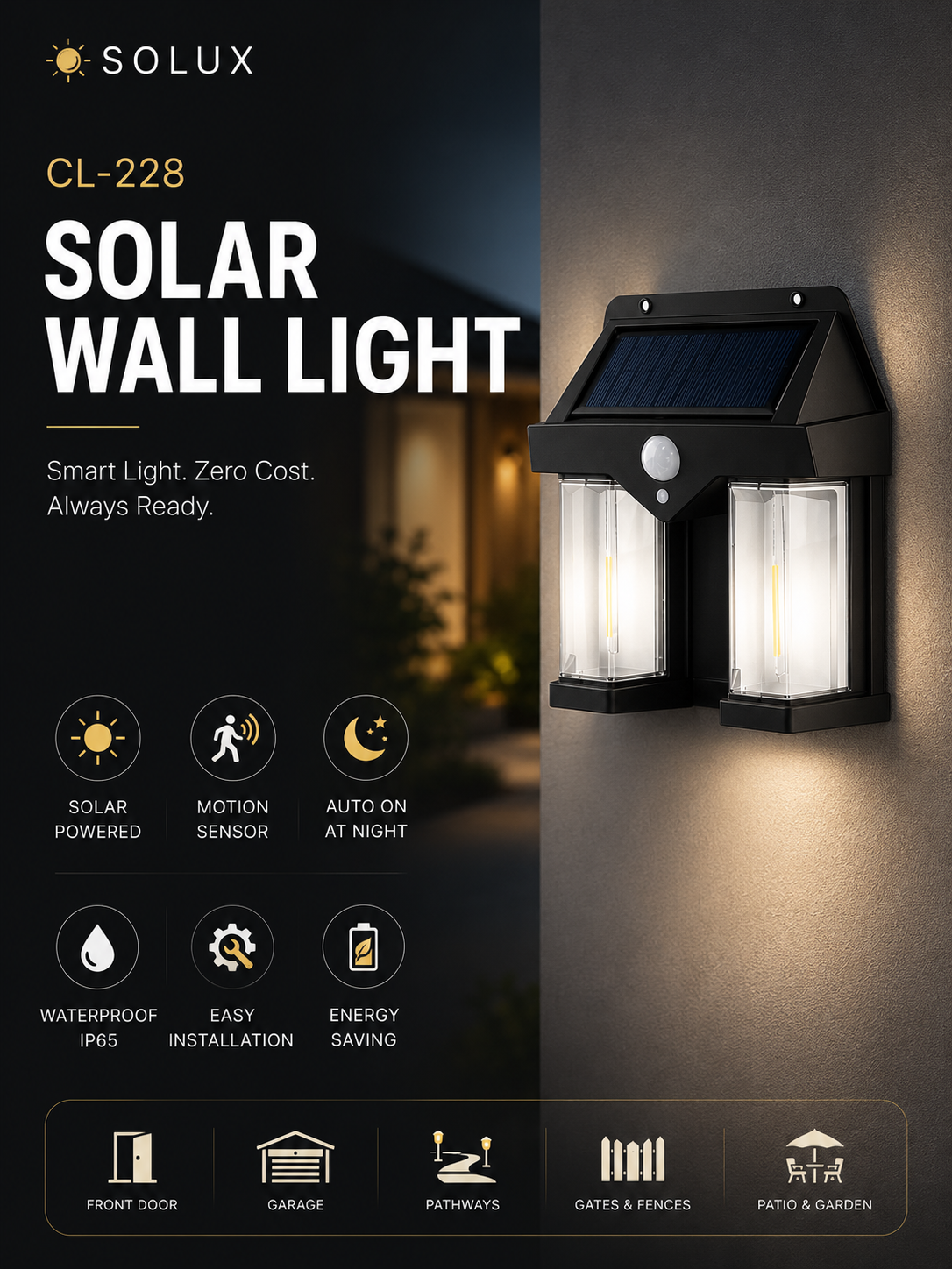 Solux Solar Motion Sensor Wall Light — Outdoor Waterproof